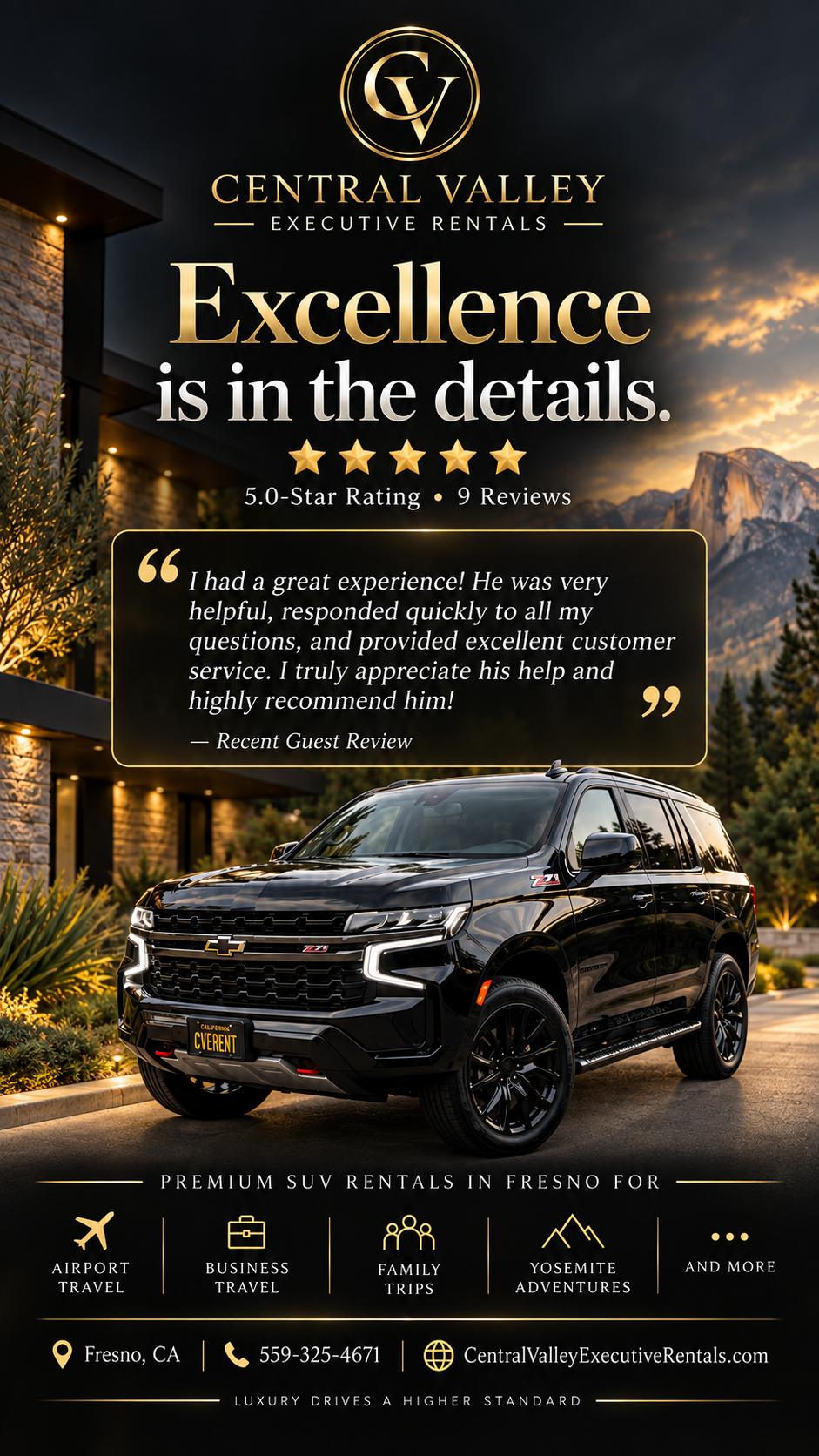 Luxury SUV at scenic lodge during sunset